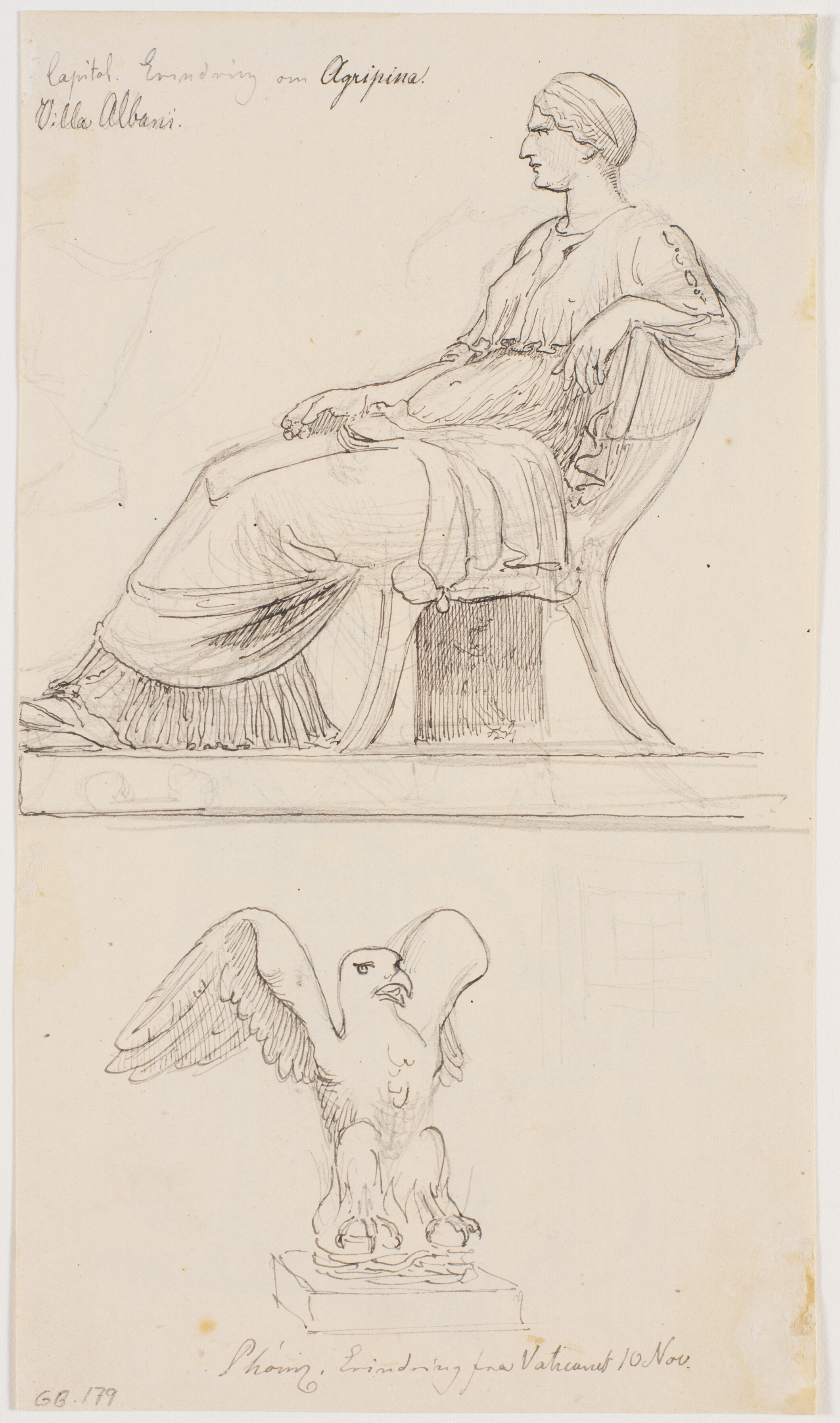 Portrætstudie af Agripina, siddende i profil. Forneden Fugl Fønix